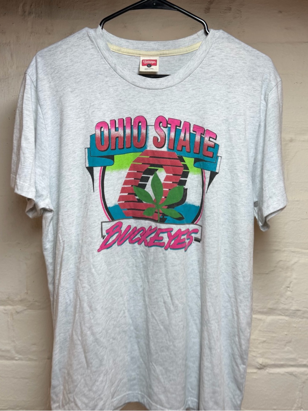 HOMAGE White Ohio State Buckeyes Graphic Tee with Pink & Teal Accents
